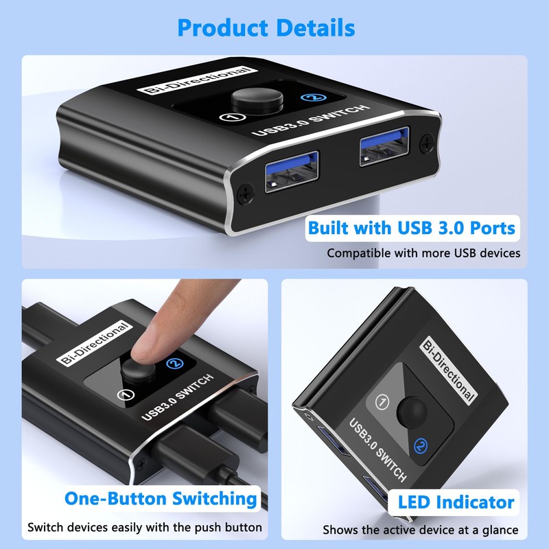 USB 3.0 Switch, Bi-Directional USB Switcher USB Splitter 1 in