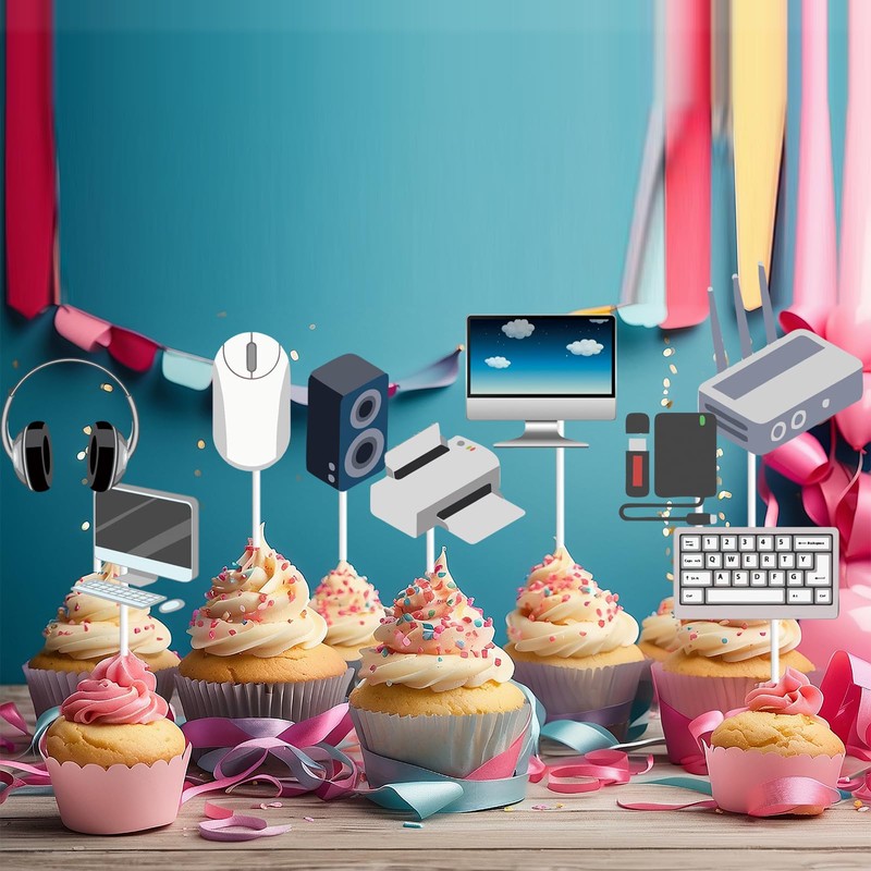 WINPOGEE 36pcs Intelligence Computer Theme Cupcake Topper Decorations Boy Girl