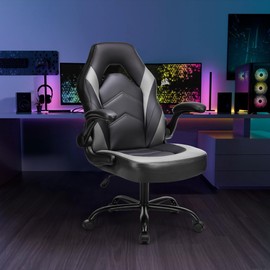 TREATLIFE HOME Ergonomic Gaming Chair with Lumbar Support, Height Adjustable PU Leather Computer Chair, Space-Saving Flip-Up Armrests, Black and Gray