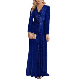 meilun Blue Long Sleeve Sequin Dress for Women Formal Gowns Sparkly V Neck Maxi Dress for Wedding Guest,XL
