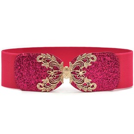 XiFiMak Rose-Flower Buckle Elastic Waist Belts Stretch Wide Cinch Corset Elegant for Women's Gift Wedding Dance Dresses, Gold-buckle,rose Red, One Size