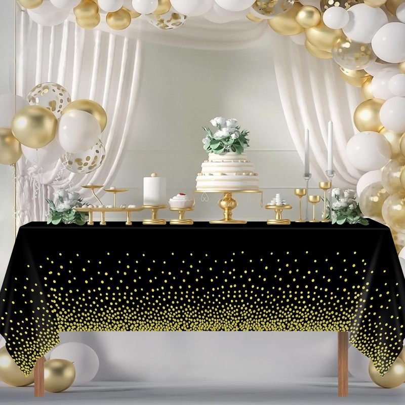 2Pcs Black Gold Dot Plastic Disposable Tablecloths, 137 x 274cm