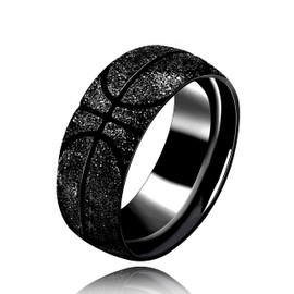 Sports Basketball Pattern Curved Design for Men Women Stainless Steel Black, Y1312-Black-UK Size Q-Diameter 18.1mm, Non Gemstone