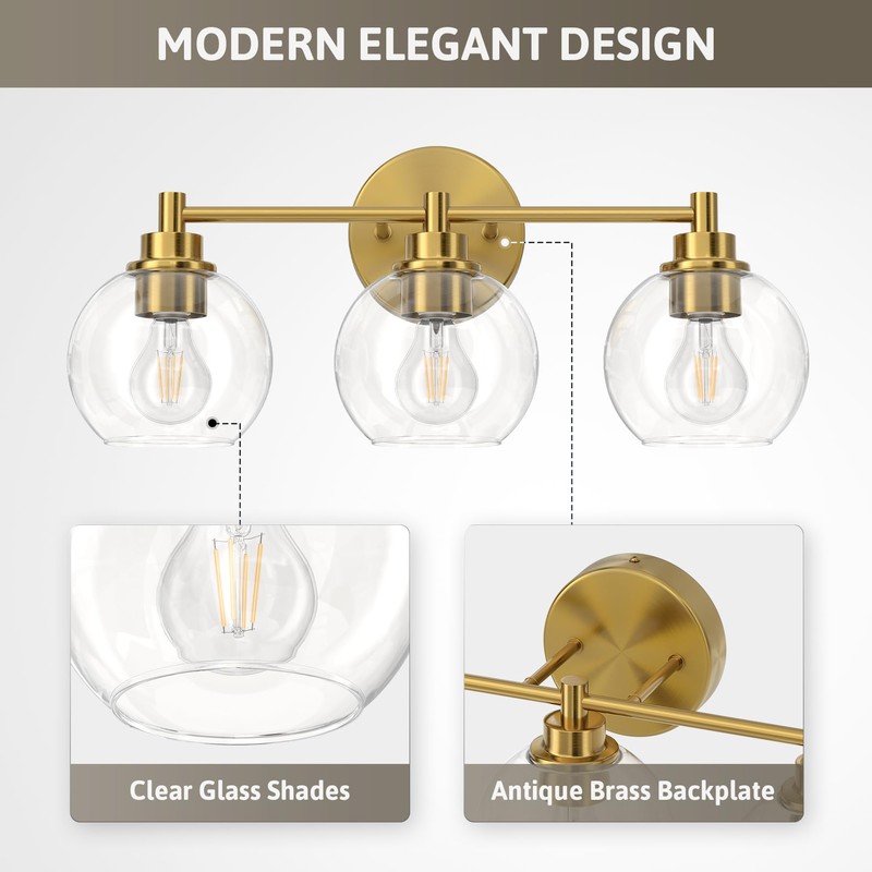 VONLUCE Bathroom Light Fixtures, 3-Light Bathroom Vanity Light with Globe