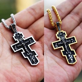 Orthodox Cross & Necklace - Cross Color: Silver Cross, Chain Size: 5 mm Black Rope (Adjustable)