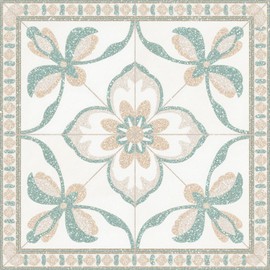 HOMETITUTE 10PCS 12x12 Inch Cream and Mint Green Ornate Floral Center Design Floor Tiles Peel and Stick Removable Self Adhesive DIY Vinyl Flooring Stickers for Kitchen Bathroom Living Room Home Decor