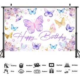 Butterfly Birthday Backdrop Banner Decorations Purple Spring Butterfly Background Photo Booth Props for Butterfly Theme Girls Baby Shower 1st 2nd 3rd 4th Bday Party Supplies Favors