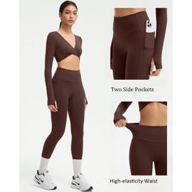SUUKSESS Women 2 Piece Workout Sets Long Sleeve Twist Deep V Crop Padded Tops Yoga Leggings with Side Pockets (Dark Brown, M)