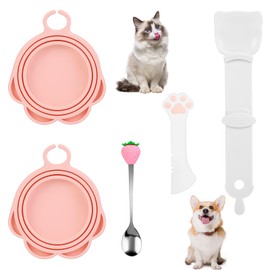 Yummy Sam 5 Pcs Pet Food Can Lids & Spoons Set, Including Wet Food Storage Can Covers for Multiple Sizes Pet Food Cans, Cat Can Opener, Cat Strip Feeder Spoon and Cat Spoons for Wet Food (Pink)