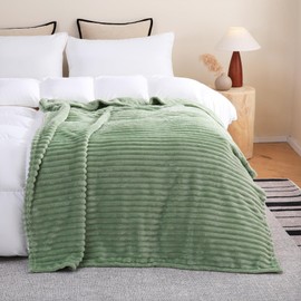 Linecooo Sage Green Fleece Throw Blanket 90”×90” for Couch Sofa Bed,Super Soft Cozy Plush Microfiber Flannel Blanket with Stripes Design Lightweight for Adults,Woman,Girls