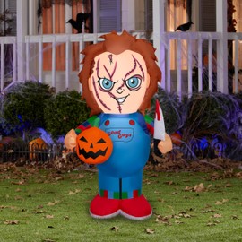 Gemmy Airblown Inflatable Stylized Chucky Holding Pumpkin Universal, 3.5 ft Tall, Multicolored