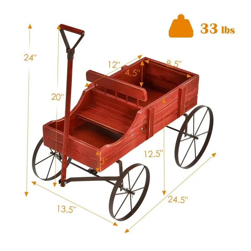 Wooden Wagon Plant Bed with Metal Wheels for Garden Yard