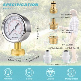 Bernoi Water Pressure Gauge Kit, Glycerin Filled Test with Lead-Free Brass Hose Fittings, 3/4'' Female Coupler Plus 5 Adapters to in Multiple Systems, 2-2/3'' dial, 0-200 Psi