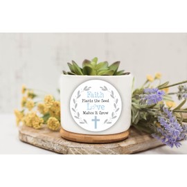 Baptism or Communion Stickers - Faith Plants the Seed Love Makes it Grow Stickers - Succulent Favor Labels- Set of 40 Stickers (Faith Blue)