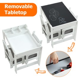 Kids Table and Chair Set, 3 in 1 Wooden Activity Table with Storage Drawer for Toddlers Arts, Crafts, Drawing, Reading, Playroom, Toddler w/ 2 in 1 Tabletop, Storage Space, Gift for Boy Girl (Grey)