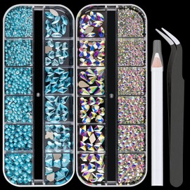 Flat Back Multi-shaped and Round Glass Nail Art Rhinestones Set 9, Crystal AB and Lake Blue Gem Bead Jewels Kits with Picker Pencil and Tweezer for Professional and Home DIY Use
