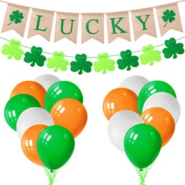 KUUQA St.Patrick's Day Decoration Set Includes Shamrock Felt Banner Lucky Burlap Banner Latex Balloons for Irish Party Supplies