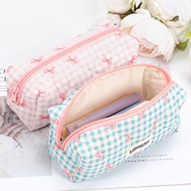 Zouwel Cute Pencil Case for Girls, Quilted Cotton Pencil Case with Bow, Aesthetic Pencil Case, Small Cosmetic Bag, Colouring Pencil Box, Teenager Case, School Organiser, blue, Adorable bow design