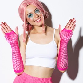 AOZUO 2 Pairs Pink Mesh Gloves, 80s Mesh Arm Warmers, Long Mesh Fingerless Mesh Neon Gloves, Stretch Mesh Gloves for Women Girls Costume Theme Party Emo Gothic Scene Accessories, pink