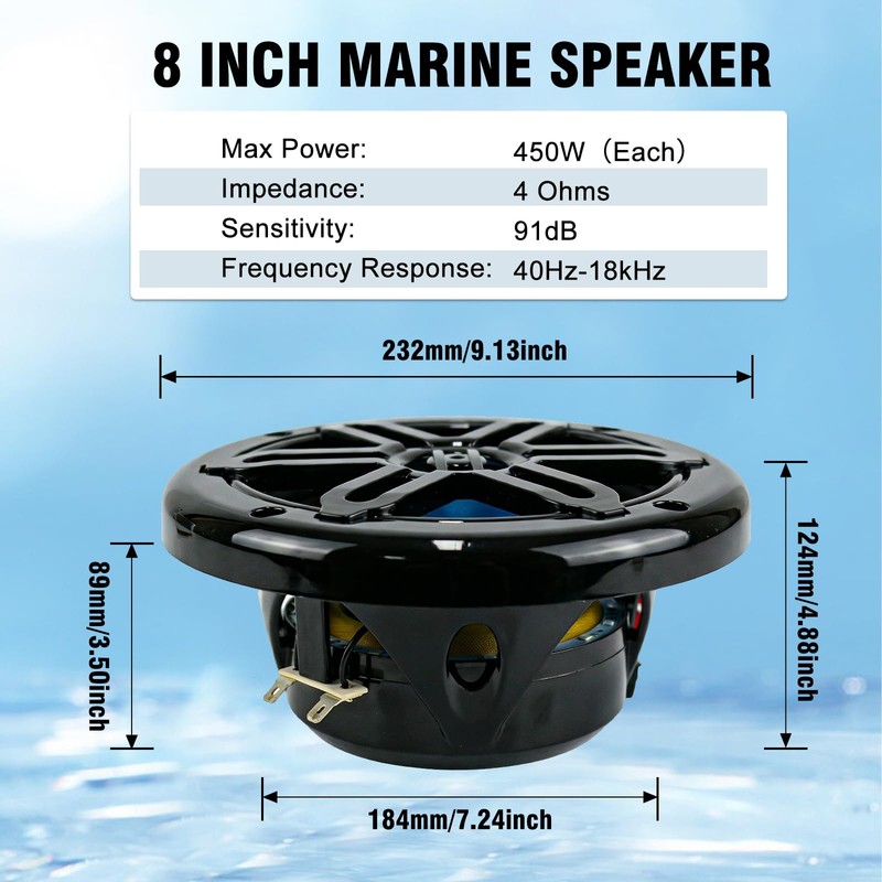 Herdio 8" 450W Marine Speakers - IP66 Waterproof Coaxial Audio,