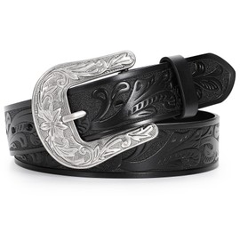 XZQTIVE Women Genuine Leather Belt Vintage Ladies Western Belt Engraved Tooled Leather Belt Cowgirl Country Belt, L, Black