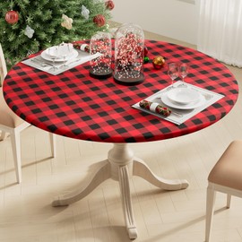 Smiry Round Picnic Table Cloth, Elastic Waterproof Fitted Vinyl Tablecloth for 57"-68" Tables, Flannel Backed Buffalo Plaid Table Covers for Dining, Camping, Outdoor, Black and Red