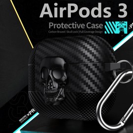 Fofvccv for AirPods 3 Case Skull with Lock & Keychain for Men, Funny Carbon Fiber Full Body Shockproof Hard Shell Protective Skeleton Cover for Airpods 3rd Generation 2021 KLT Copper