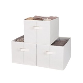 WUIKE 3 Pack Extra Large Fabric Storage Bins, Beige Foldable Closet Organizer Boxes for Clothes, Sheets and Blankets