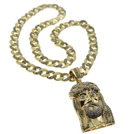 Bling Cartel Jesus Piece ICY Pendant Gold Finish 30 Inch Chain Cuban Link 14mm Hip Hop Necklace