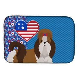 Caroline's Treasures WDK5290DDM Red and White Shih Tzu USA American Dish Drying Mat Absorbent Dish Drying Mat Pad for Kitchen Counter Dish Drainer Mat for Countertop, 14 x 21", Multicolor