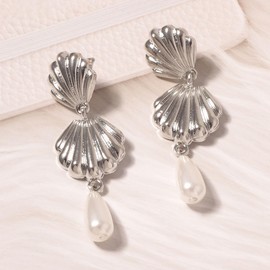 DIAMANTIO Elegant Silver Shell & Pearl Drop Earrings for Women – Vintage Ocean-Inspired Statement Jewelry, Fashionable Dangle Earrings for Special Occasions
