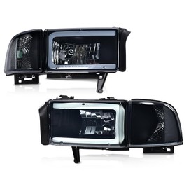 GRAND ORANGE LED Light Strip Headlight Assembly Lamps w/Bulbs Compatible with Dodge Ram 1500 1994-2001/Dodge Ram 2500 3500 1994-2002 CH2503101,Smoke Lens Black Housing Clear Reflector Headlamps