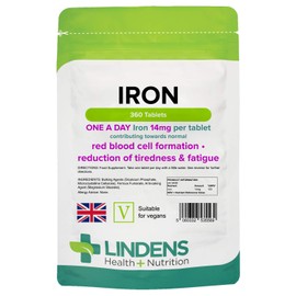 Lindens Iron 14mg Tablets - 360 Vegan Tablets - Reduce Tiredness, Increase Energy | Creates Healthy Red Blood Cells, Normal Oxygen Transportation | Made in The UK | (12 Months Supply)