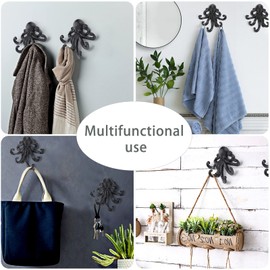 Sumnacon 6 Inch Cast Iron Octopus Coat Hook - Rustic Metal Wall Rack for Key Towel Bag, Hat Scarf with Screws, Decorative Duty Clothing Hanger for Bedroom Bathroom Kitchen Balcony Entry Door, Black