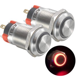 APIELE (Pcs of 2) 12mm Latching Push Button Switch High Round Head Stainless Steel 1 Normally Open with Ring Led (Red)