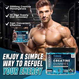 XtraBoost Creatine Gummies 5000mg Max Strength Creatine Monohydrate + B12 & L-Taurine – Build Muscle, Boost Energy & Speed Recovery – Blueberry Pre Workout for Men & Women – 120 Vegan Gummies | 30 Day Supply