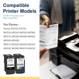 PG-210XL CL-211XL Ink Cartridge for Canon 210 and 211 Ink Cartridges for Canon 210XL and 211XL Ink Cartridges Fit for Pixma MP495 MX410 MX340 MP250 MX320 MP490 MX350 iP2702 Printer (1 Black,1 Color)