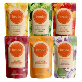 Brodo Broth Variety Pack | 1 Chicken, 1 Hearth, 1 Deeply Rooted, 1 Spicy Nonna, 1 Tom Yum, 1 Tuscan Sun Single Serving Pouches | Not Made From Concentrate, No Preservatives (6x 8.3 oz Pouches)