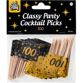 Jesters Party 100 Number Cocktail Picks - 50pcs Classy Party Toothpicks for 100th Birthday Party and Celebrations - Black and Gold Cocktail Sticks for Food Decorations