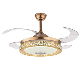 TFCFL 42" Retractable Ceiling Fan with Light and controller, Invisible Chandelier Fan LED Lights 3-Color 6-Speed Silent Reversible Motor for Bedroom Kitchen (Gold)