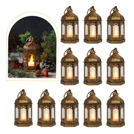 LLQ 8Pcs Mini Lantern with LED Tealight, Vintage Brown Lanterns Decorative, Hanging Candle Lanterns for Ramadan Christmas Wedding Table Centerpiece Indian Diwali Decor, Garden Fairy Party Decorations