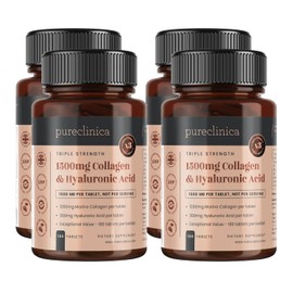 pureclinica 1500mg x 720 Tablets. 1200mg of UltraColl Collagen & 300mg of Hyaluronic Acid per Tablet. (4 Bottles of 180 Tablets - 2 Years Supply)