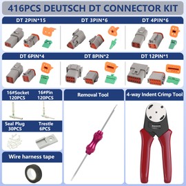 416 PCS Deutsch DT Connector Kit,2 3 4 6 8 12 Pin Automotive Connectors,With Crimping Pliers (14-20AWG) And Connector Removal Tool,IP67 Rated Gray Waterproof Housing Set,Deutsch 16# Solid Contacts