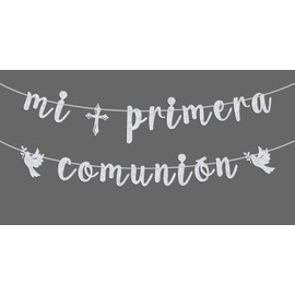 Mi Primera Comunion Banner, Primera Comunión/Dios Bendice a este Niño/Mi Bautizo, Bautizo, Bautizo, Baby Shower/Suministros de decoración para fiesta de cumpleaños, purpurina plateada