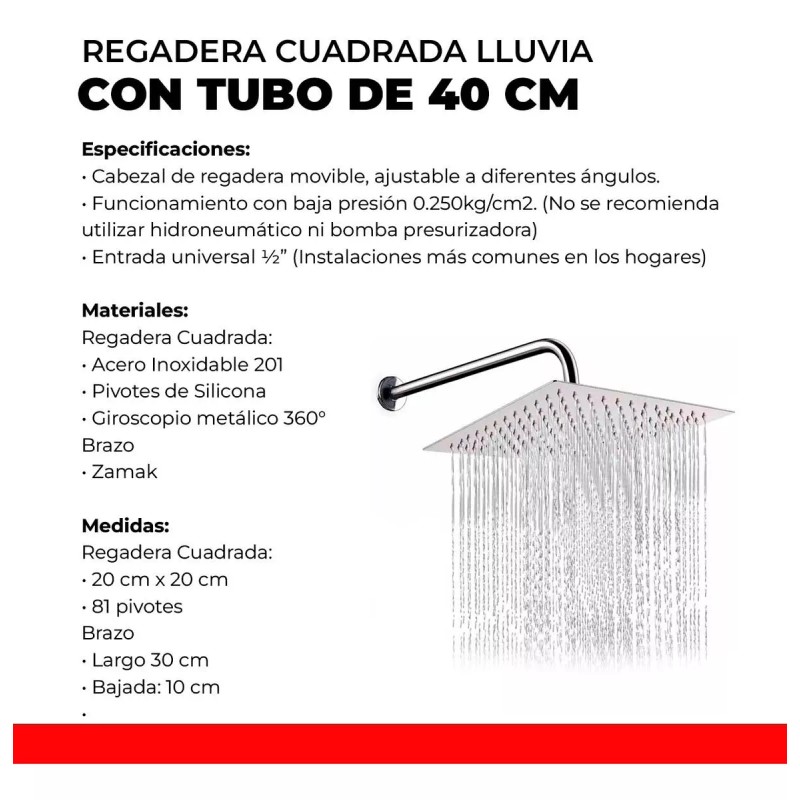 Rogers Market Regadera De Lujo Tipo Lluvia Incluido Tubo De