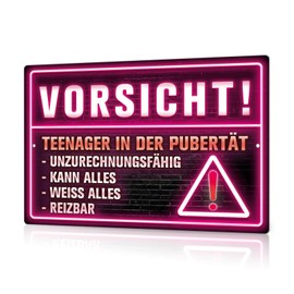Putuo Decor Teenager Warning Sign - Neon Look Metal Sign with Puberty Saying, Funny Wall Decoration for Teenager's Room, Gift Idea, 30 x 20 cm