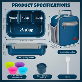 MaMix Bento Lunch Box for Kids, Lunchable Containers for Kids Adults with 4 Compartments + Lunch Bag, with Utensils, Sauce Jar, Muffin Liners (blue set)
