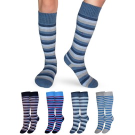OCERA Children's Thermal Knee Socks, 4 Pairs of Winter Socks for Girls and Boys, with Inner Terry Cloth and Breathable Cotton Wool, for Skiing, Snowboarding and Hiking, 4 x striped blue tones