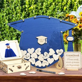 OurWarm Graduation Guest Book Alternative, Class of 2025 Graduation Decor Wooden Guest Book Alternatives, Blue Graduation Caps Decoration with 60 Hearts, Graduation Decoration for College High School