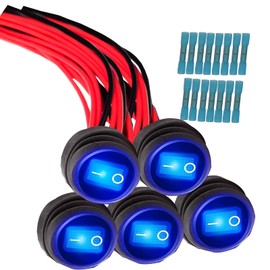 12 Volt Round Rocker Switch, [5Pcs] Waterproof 12V Toggle Switch with 20cm Detachable Wires and Hot Melt Intermediate Terminals, SPST 3 Pin On Off Switch with Blue LED Light for Car Boat Marine RV